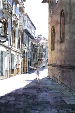 angel girl wings european street sunlight cobblestone alley architecture old town shadows mystical urban fantasy serene ethereal white dress