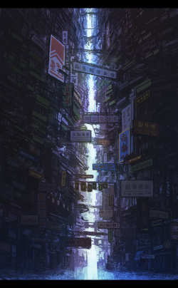 cyberpunk city neon signs narrow alley futuristic urban dystopian night life blue lighting vertical cityscape sci fi dense metropolis crowded aesthetic
