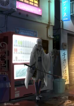 samurai yakuza vendingmachine street night dark japan illustration kimono sword bloody gangster urban