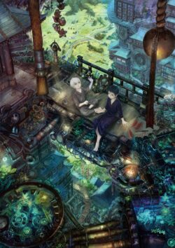 fantasy steampunk japanese boys rooftop overlook gears greenery urban digital art mystical vibrant detailed architecture nature scenic