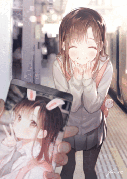 anime girl smiling happy closed eyes holding face smartphone screen display taking photo station platform train background daily life urban warmth perspective shot