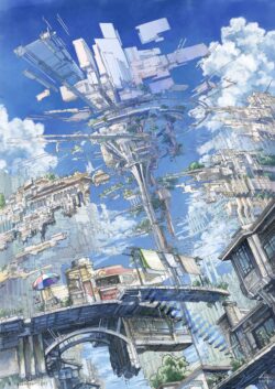 futuristic city floating island science fiction sky city architecture fantasy blue sky concept art digital painting tech structures utopia aerial view