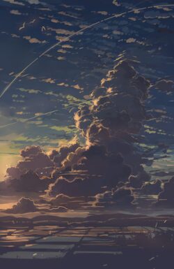 sunset clouds sky dramatic vibrant illustration shooting star comet path nature anime style moody scenery evening glow digital art