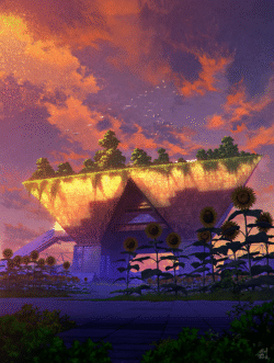 pyramid architecture nature overgrown sunflowers birds flying sunset fantasy eco city greenery aesthetic scenic vibrant sky futuristic peaceful