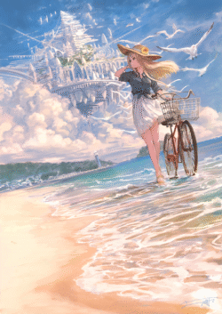 floating city fantasy beach girl bicycle summer sea seagulls clouds ocean adventure dreamy landscape anime art vacation surreal