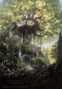fantasy castle world tree nature forest magic wizard of the coast elven architecture greenery mystical painting ethereal adventure scenery