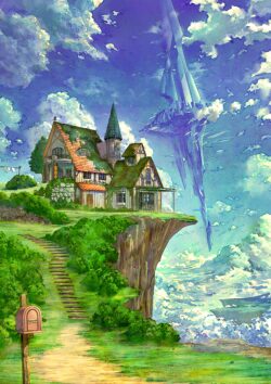 cliff house floating sci fi structure fantasy architecture scenic view blue sky adventure concept art majestic landscape digital painting nature future