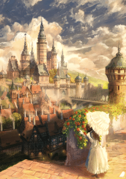 castle cityscape medieval fantasy woman umbrella digitalart architecture historical rooftop sunlight epic vista gothic redroofs