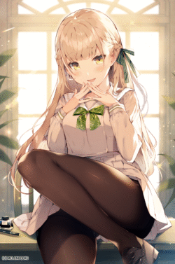 anime girl school uniform blonde hair yellow eyes green ribbon pantyhose stockings indoor lighting elegant smiling sitting braided hair detailed art