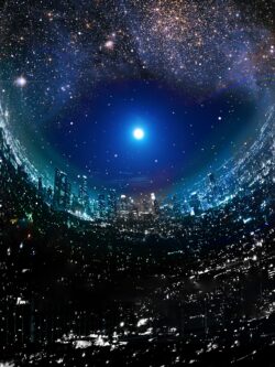 cityscape night stars deep space moon urban view galaxy illustration digital art blue futuristic sky dome earth glow vibrant