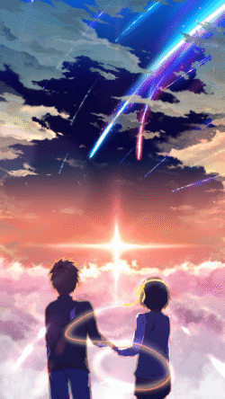 your name makoto shinkai comet star sky sunset clouds romance couple holding hands meteor twilight scenery cinematic vibrant emotion