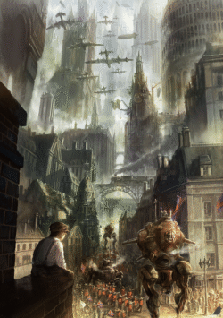 steampunk city war airships mecha gothic architecture digitalart fantasy industrial soldiers victorian dramatic battle urban futuristic