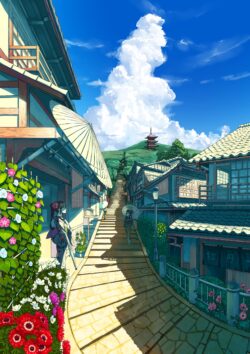 japan street kyoto temple pagoda summer sky clouds flowers traditional architecture town illustration scenic bright travel art