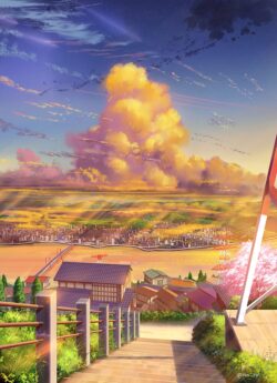 sunset glow golden hour anime art clouds skyline mountain view warm lighting scenery wallpaper evening atmosphere peaceful tranquil urban landscape