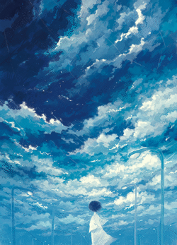 blue sky clouds windy day street lamps minimalist anime clean aesthetic bright summer vibe serenity airy composition freedom dreamy art