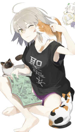 girl short_hair cats reading manga sitting casual tshirt indoor relaxing cute animal white_background gray_hair interaction