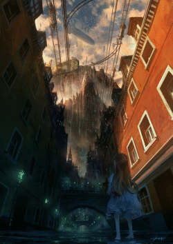 steampunk city alley airship gothic architecture digitalart fantasy mystery dark urban glow victorian streets dreamy
