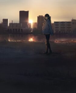 urban sunset girl silhouette cityscape river bank golden hour melancholy loneliness city lights reflection peaceful evening lifestyle anime style