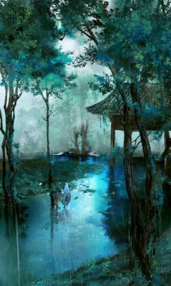 rain forest teal green mystical nature river lake spirit deer creature fantasy moody dark scenery illustration wallpaper