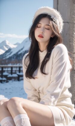 asianwoman winter mountains snow whiteoutfit beauty portrait fashion outdoor nature cold scenic hat elegant