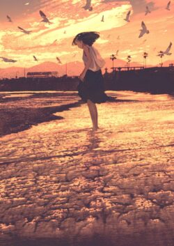 sunset beach girl anime digital art ocean waves gulls seascape golden hour silhouette sad emotional vibrant