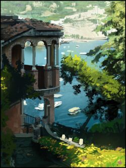 italian villa balcony terrace sea view bay boats old architecture green foliage sunlight mediterranean painting art european summer