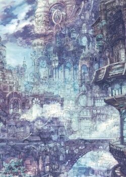 An incredibly detailed, towering fantasy city rendered in soft, ethereal pastel and cool blue tones. Ethereal pastel sketch illustration of a huge, intricate fantasy city.
