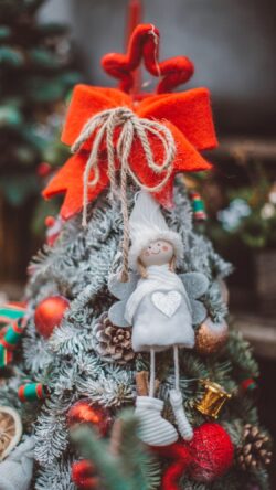 christmas tree decoration ornament holiday winter festive angel doll pine cone xmas red bow celebration seasonal gift