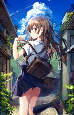 schoolgirl uniform running japanese street summer anime manga digital art sunshine vibrant happy youth outdoor student alley