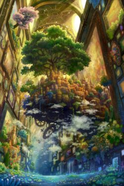 fantasy city giant tree magical floating gears steampunk surreal architecture gallery indoor jungle vibrant illustration dreamlike