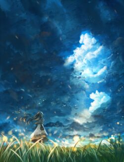 starry night girl clouds fantasy sky glowing particles dreamy atmosphere melancholic celestial beauty magical night peaceful illustration wallpaper