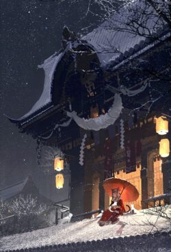 shrine temple snow winter night lantern umbrella kimono kitsune spirit traditional japan fantasy tranquil atmospheric