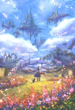 floating islands magic girl cat field flowers fantasy kingdom sky clouds adventure rpg scenery whimsical pastel dream