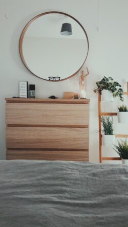 bedroom decor mirror dresser plants scandinavian style interior bright room potted plants wooden furniture modern living clean white aesthetic