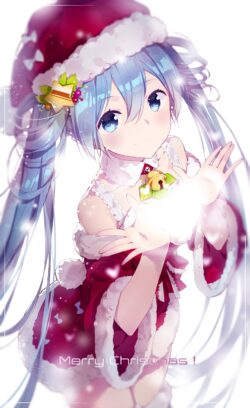 hatsune miku vocaloid christmas santa costume winter festive holiday blue twintails sparkles celebration snow cute anime girl bright eyes