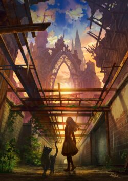 Girl and cat in ruins sunlit archway overgrown abandoned church fantasy post apocalypse gothic architecture decay metal scaffolding vibrant sunset sky calm companion scene street alleyway digital painting realis