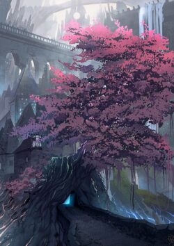castle fantasy world pink tree waterfall bridge architecture majestic adventure scenic view environment design medieval concept art bright sky