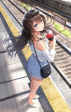 anime girl train station railway blue skirt white top long hair blue eyes drinking juice outdoor summer daylight perspective back view urban