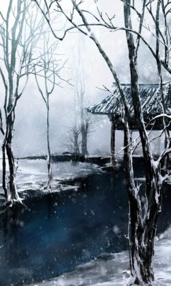 winter snow cold forest river frozen trees monochrome pavilion chilly nature scenery art illustration calm peaceful