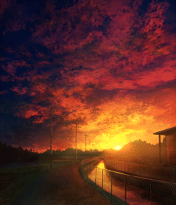 sunset road river fence redsky field digitalart dramatic clouds powerlines countryside evening glow nostalgia vibrant