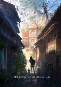 city street alley old town clock tower european architecture cat girl walking bicycle sunlight fantasy illustration cozy