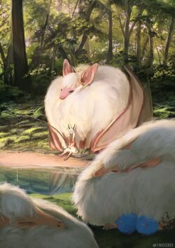 giant bat white fluffy creature forest nature fishing peaceful serene fantasy sunlight whimsical cute animal woods tranquility
