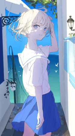 anime girl blonde hair short hair sailor uniform seifuku blue skirt ocean sea background summer sky bright sunlight mediterranean style breeze scenic white building