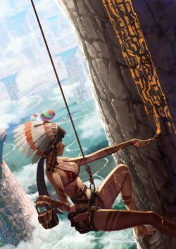 rock climbing fantasy girl tribal headdress steampunk ancient technology adventure art concept painting scenic explorer mountain fantasy world