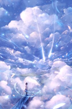 sky clouds heaven girl shooting stars meteor blue dreamy flight freedom ethereal vast horizon vibrant fantasy