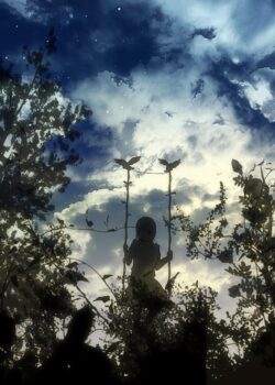 silhouette girl swing clouds sky dusk twilight birds nature dreamy fantasy illustration artistic moody whimsical wallpaper