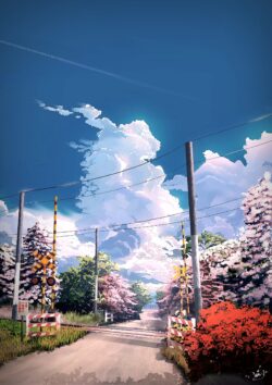 railway crossing summer sky clouds cherry blossom japan street scenery blue sky bright outdoor art wallpaper scenic vibrant