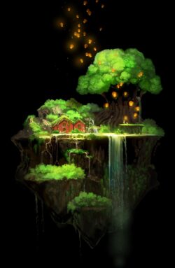 floating island waterfall fantasy house magic lanterns night forest dreamy whimsical nature fairy tale illustration adventure