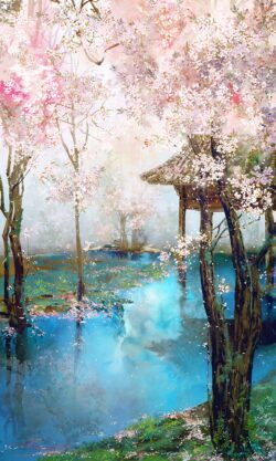 cherry blossom sakura spring pink lake river forest nature pavilion oriental scenery soft dreamy illustration digital art