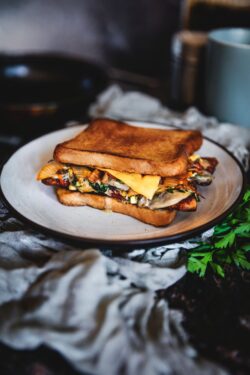sandwich grilled cheese toast gourmet mushroom spinach brunch lunch savory melted cheese foodie rustic cooking delicious homemade